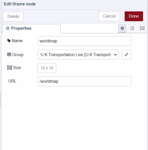 "Screenshot showing configurations of iframe widget for rendering worlmap page on dashboard"